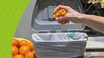 hand dropping orange peel into food waste bin