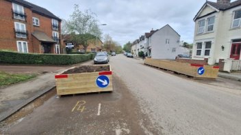 Planters in Tavistock Road, West Drayton, installed as part of an experimental traffic calming scheme.