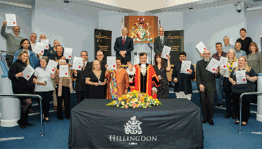 Group shot of all the 2024 Hillingdon Community Awards winners, with the Mayor, Leader and Chief Executive