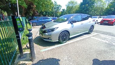 An EV being charged in the new EV charging bays in Green Lane Car Park, Northwood