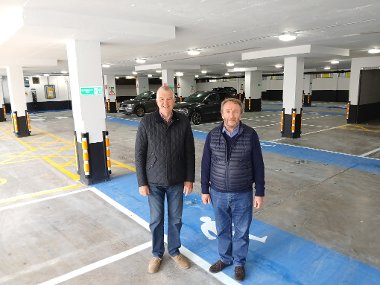 Cllr Eddie Lavery, Hillingdon Council’s Cabinet Member for Residents’ Services, left, and Cllr Jonathan Bianco, Deputy Leader of the Council & Cabinet Member for Property, Highways & Transport at the refurbished Blyth Road car park.