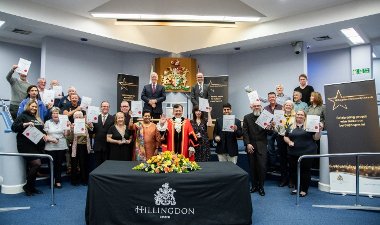 Group shot of all the 2024 Hillingdon Community Awards winners, with the Mayor, Leader and Chief Executive