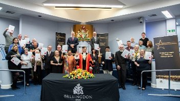 Group shot of all the 2024 Hillingdon Community Awards winners, with the Mayor, Leader and Chief Executive