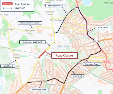 Diversion via Swakeleys Road, Ickenham and High Road, Bury Street, Breakspear Road.